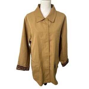 Dennis Basso 1X Tan Trench Coat Leopard Cuff Lining Classic Mid-Length